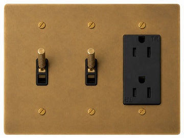 OB Double Toggle and Outlet - 3 Gang Unlacquered Antique Brass (Hand-Brushed)
