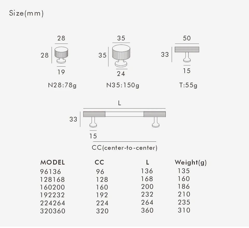 Technical diagram showing dimensions and weights of art deco vertical line door knob  with a white background.