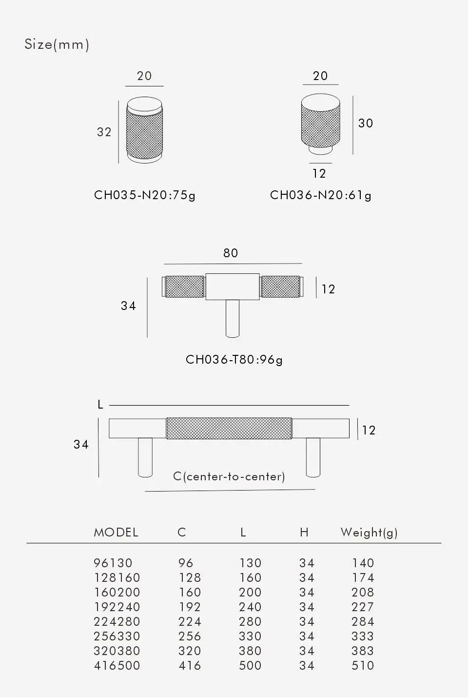 Technical drawing with dimensions and weight details of brass cross knurled knobs, t-bar and handle on a white background.