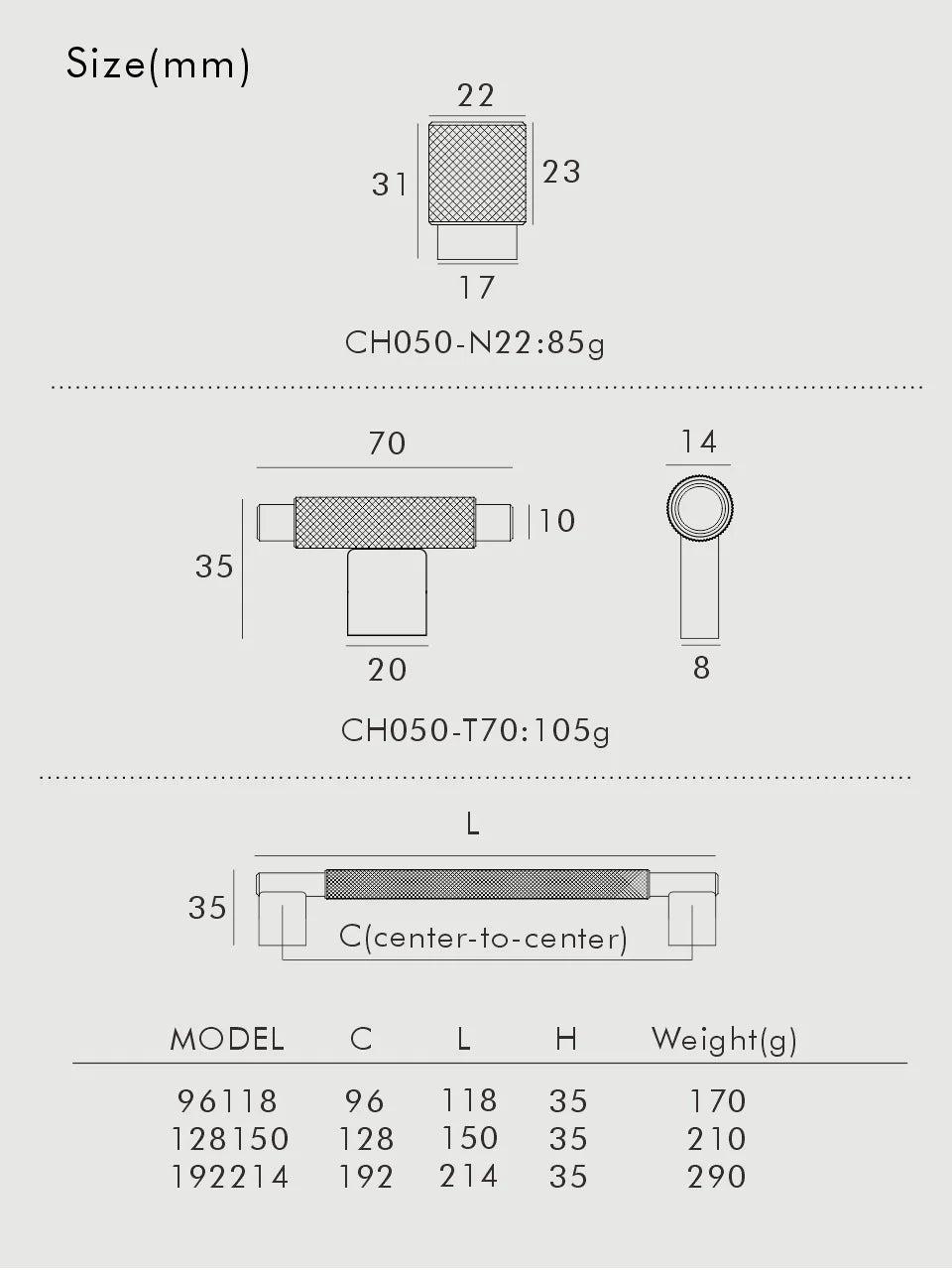 Technical drawing with dimensions and weights of various components of a set of solid brass cross knurled T-Bar
on a gray background