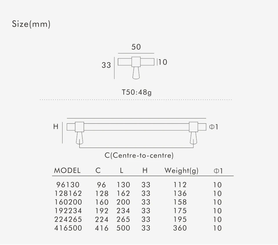 Technical drawing and dimensions of a brass stepped ring t-bar and pull with labels and measurements.