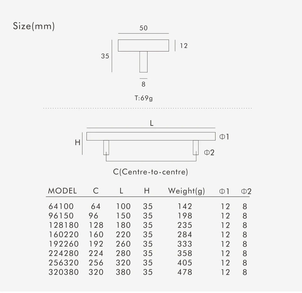 Technical drawing and dimensions table for a gold brass square t-bar and handle on a white background.