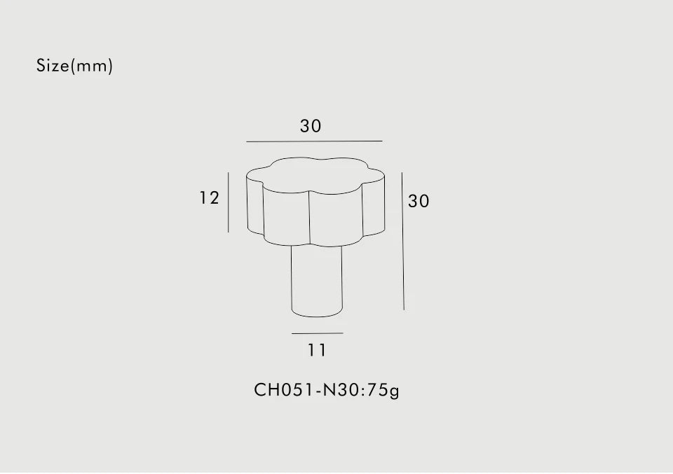 Technical drawing of a flower cabinet knob with dimensions labeled on a grey background.