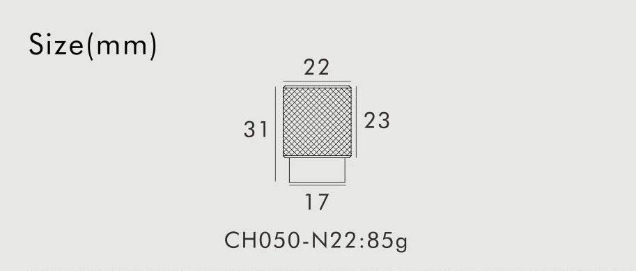 Technical drawing with dimensions and specifications of knurled brass knob components on a white background.