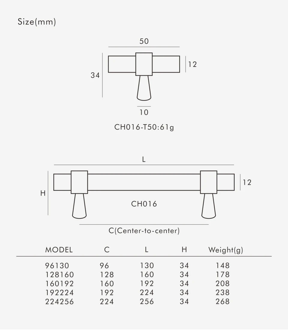 Technical drawing and dimensions of a t-bar and handle with labeled measurements and model numbers.