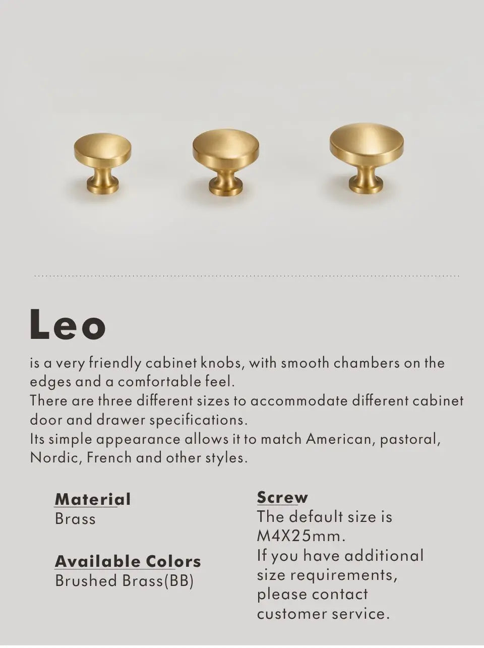 Three gold solid brass cabinet knobs with product details on a white background.