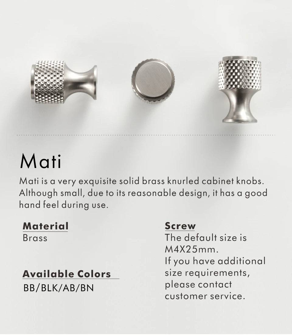 Three knurled nickel cabinet knobs with description.