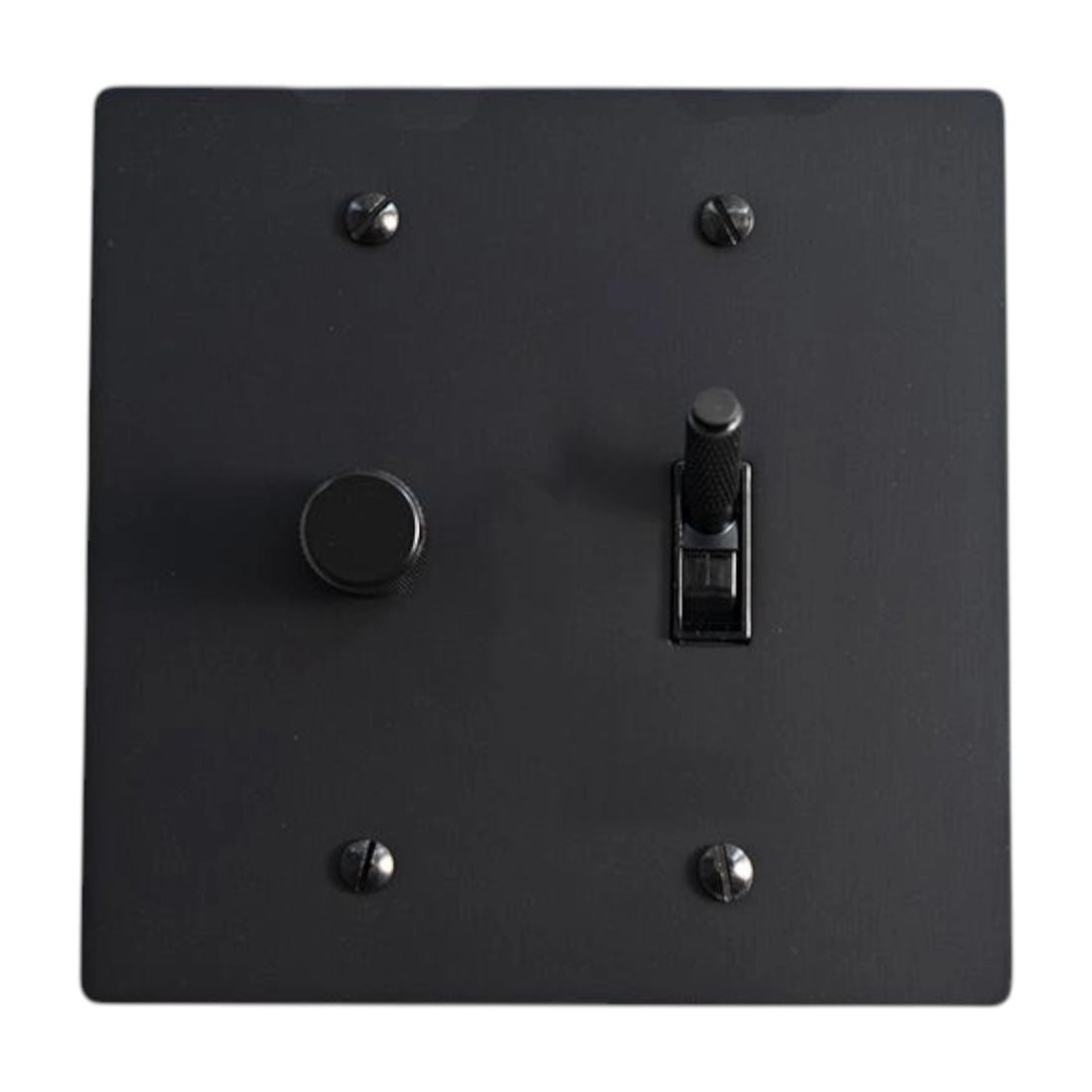 Black light switch plate with two switches on a white background