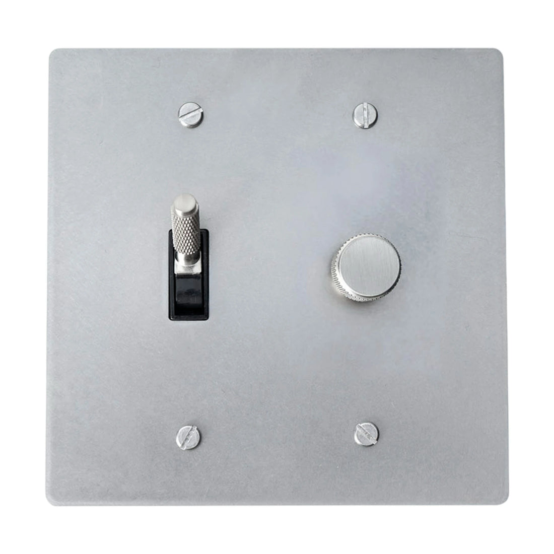 Metallic light switch panel with toggle and rotary dimmer knob on a white background