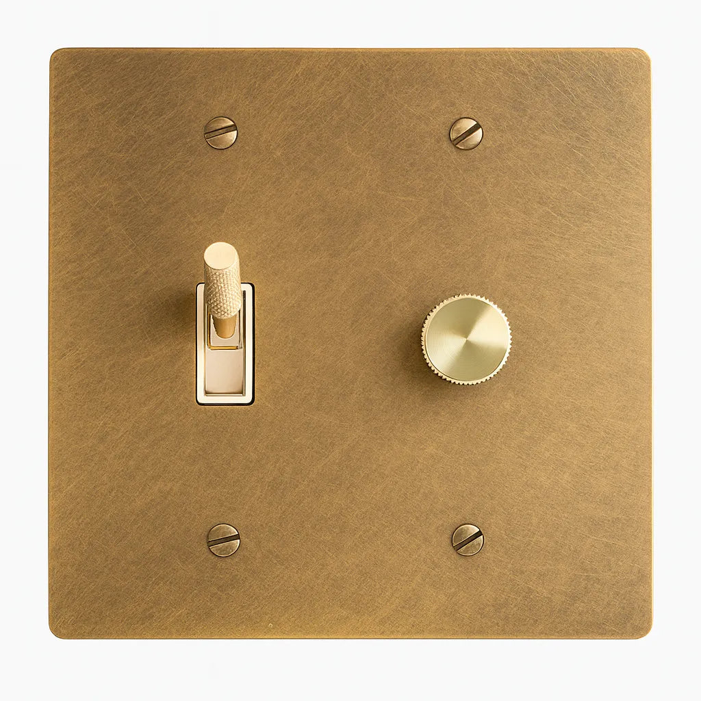 Antique brass switch plate with a toggle switch and rotary dimmer on a white background