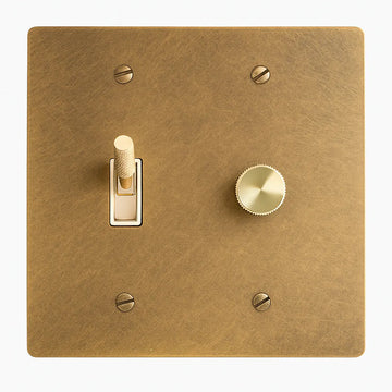 Antique brass switch plate with a toggle switch and rotary dimmer on a white background