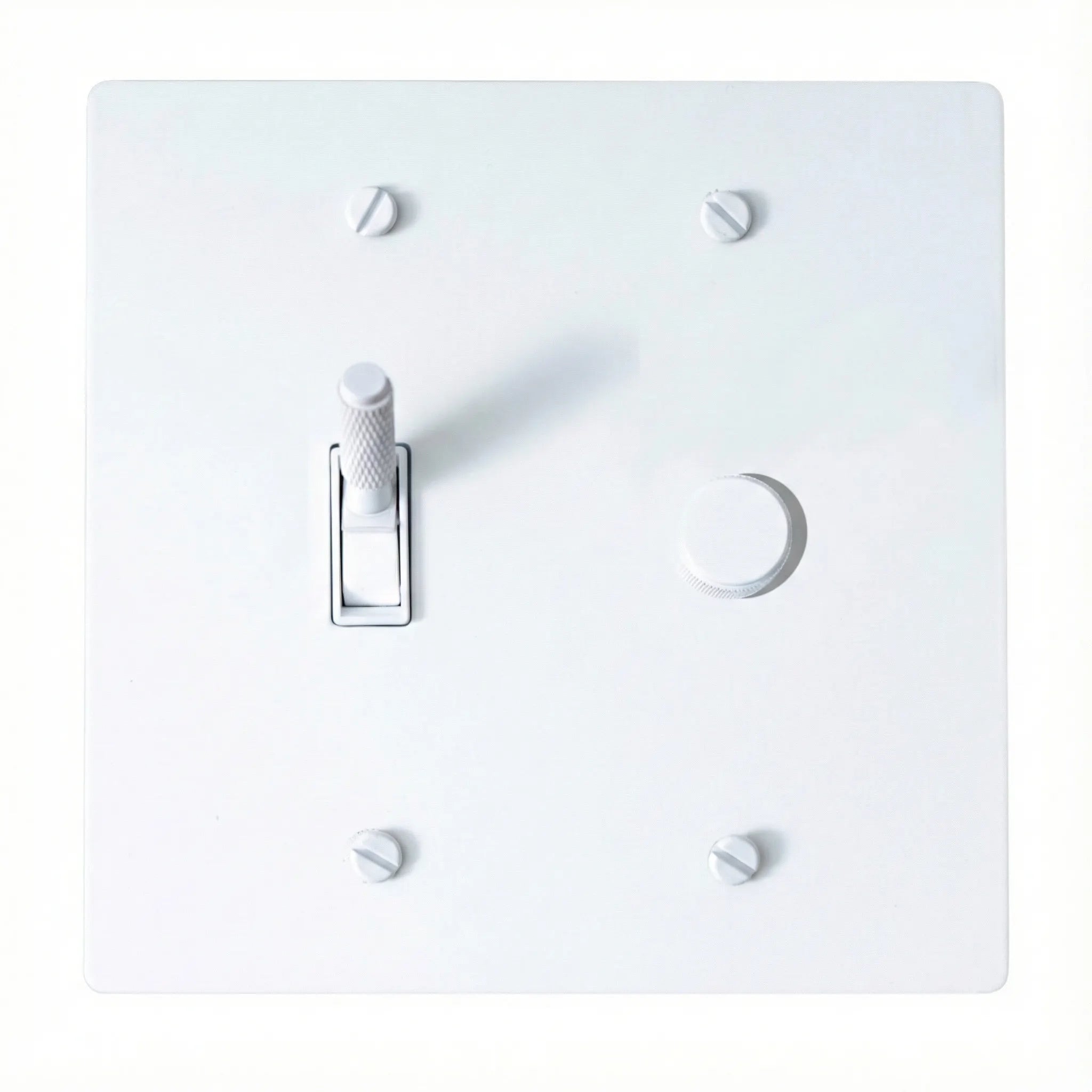 White light switch plate with a toggle switch and rotary dimmer on a white background