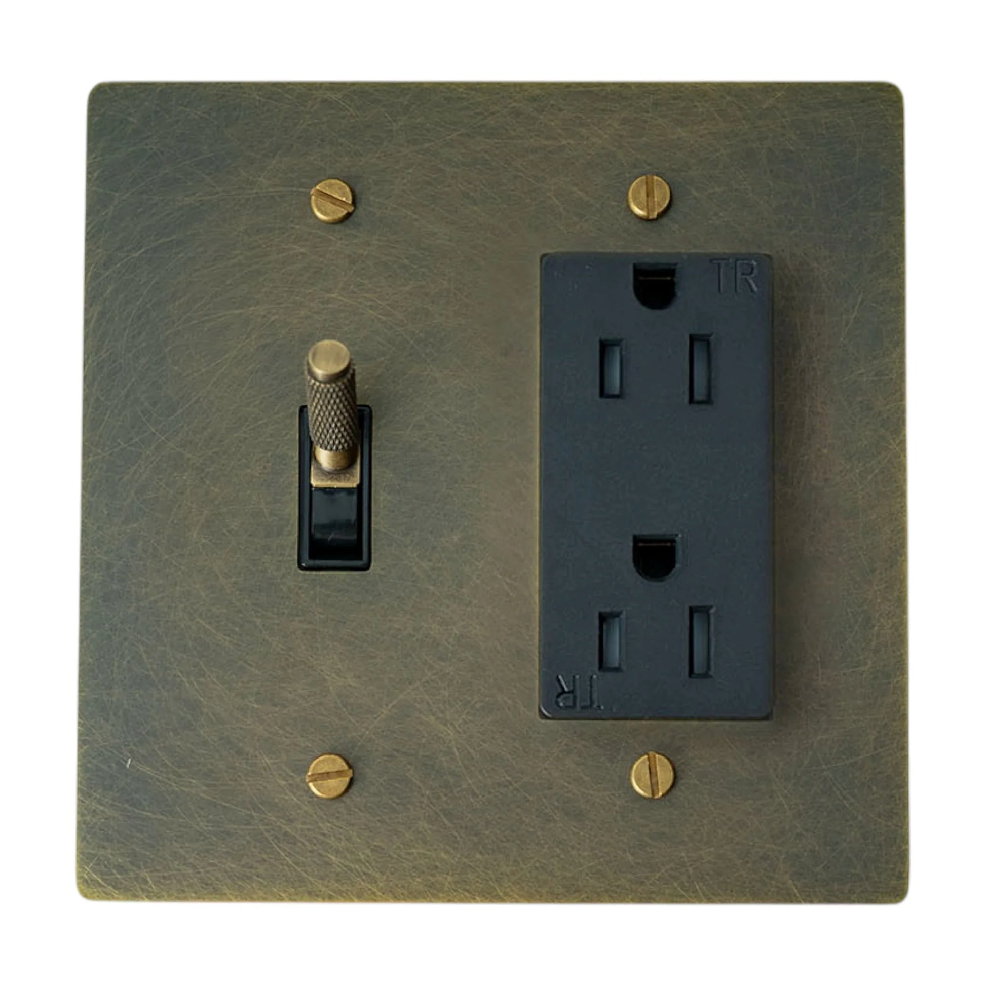Antique bronze wall plate with toggle switch and outlet on a white background