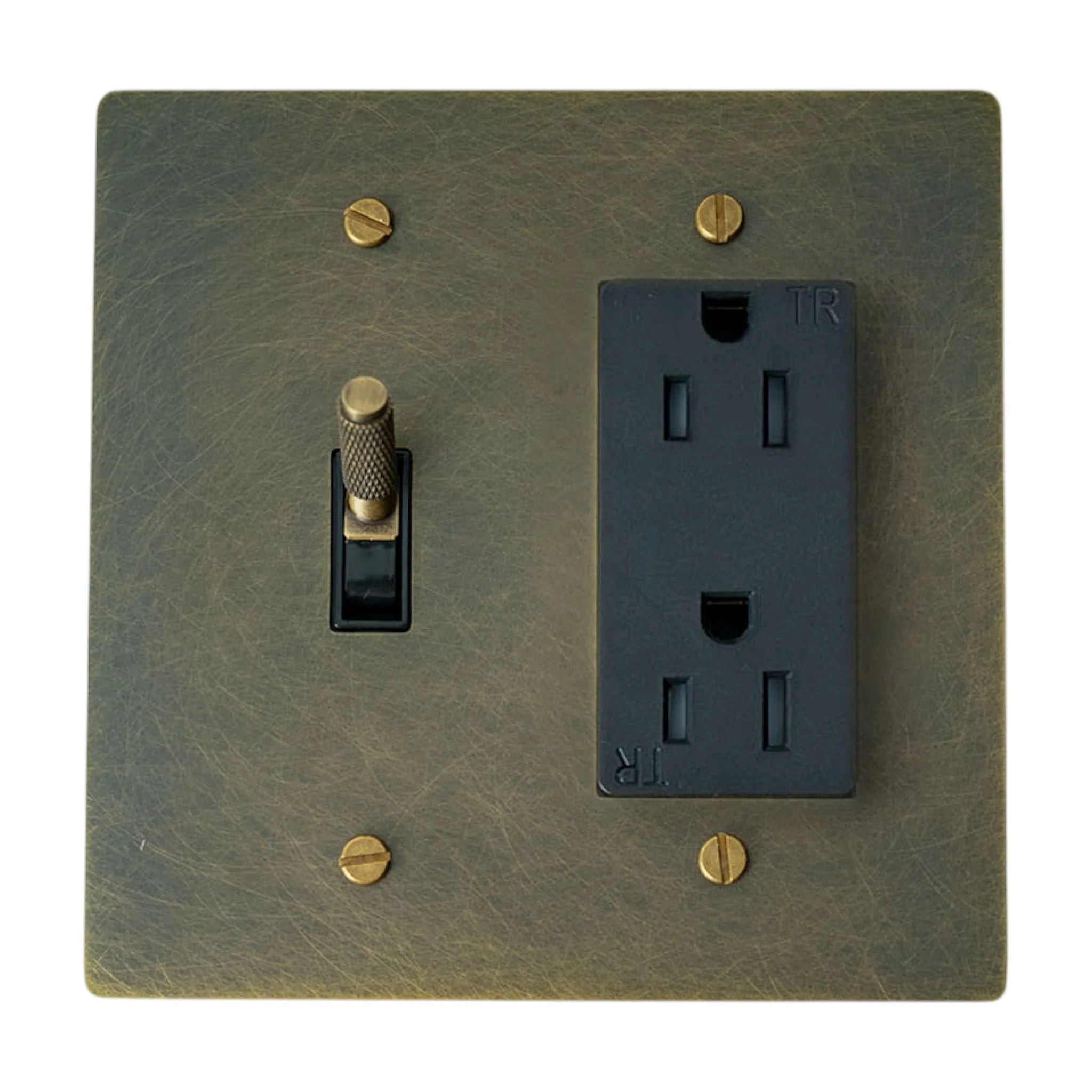 Antique bronze wall plate with toggle switch and outlet on a white background