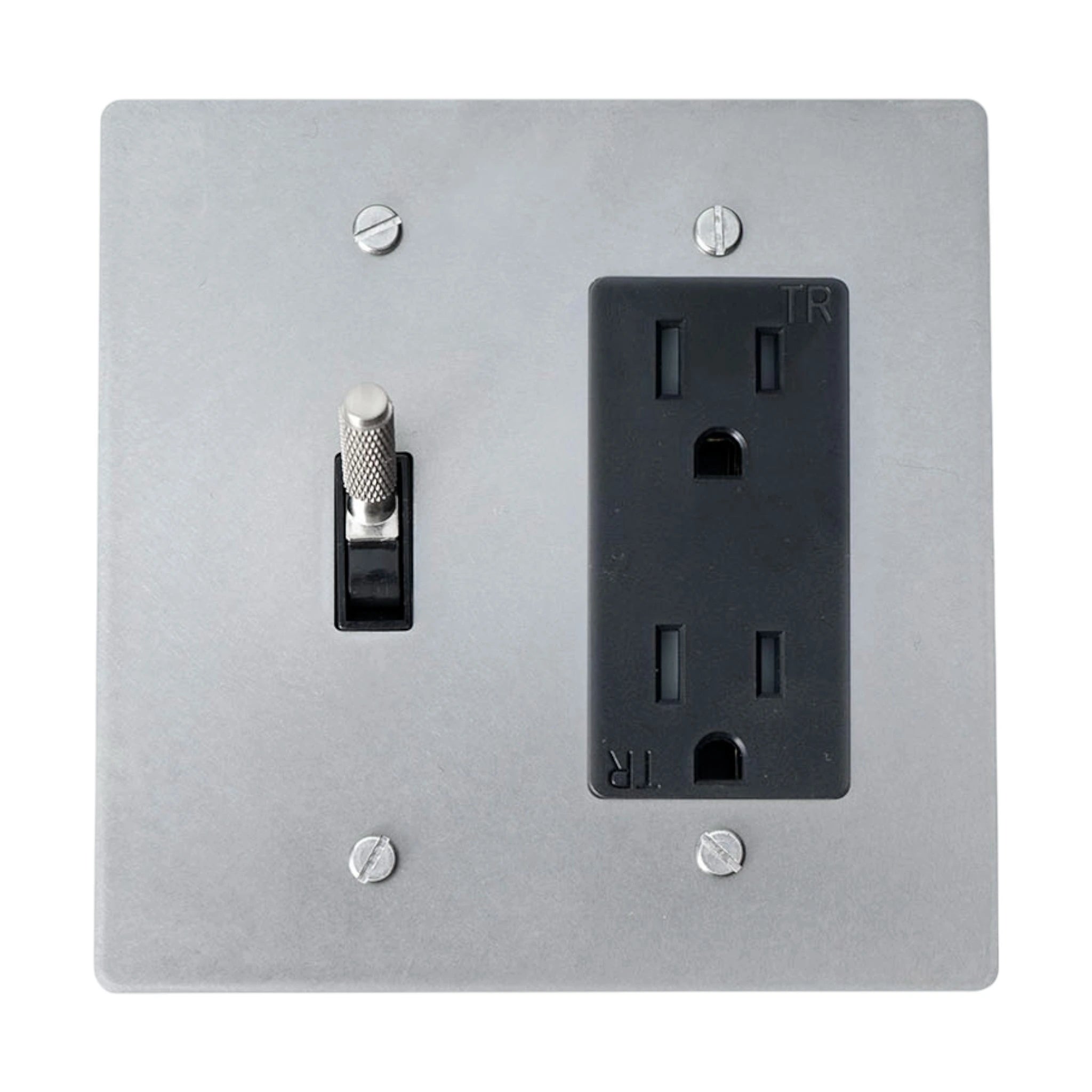 Stainless steel wall plate with a switch and black electrical outlet on a white background