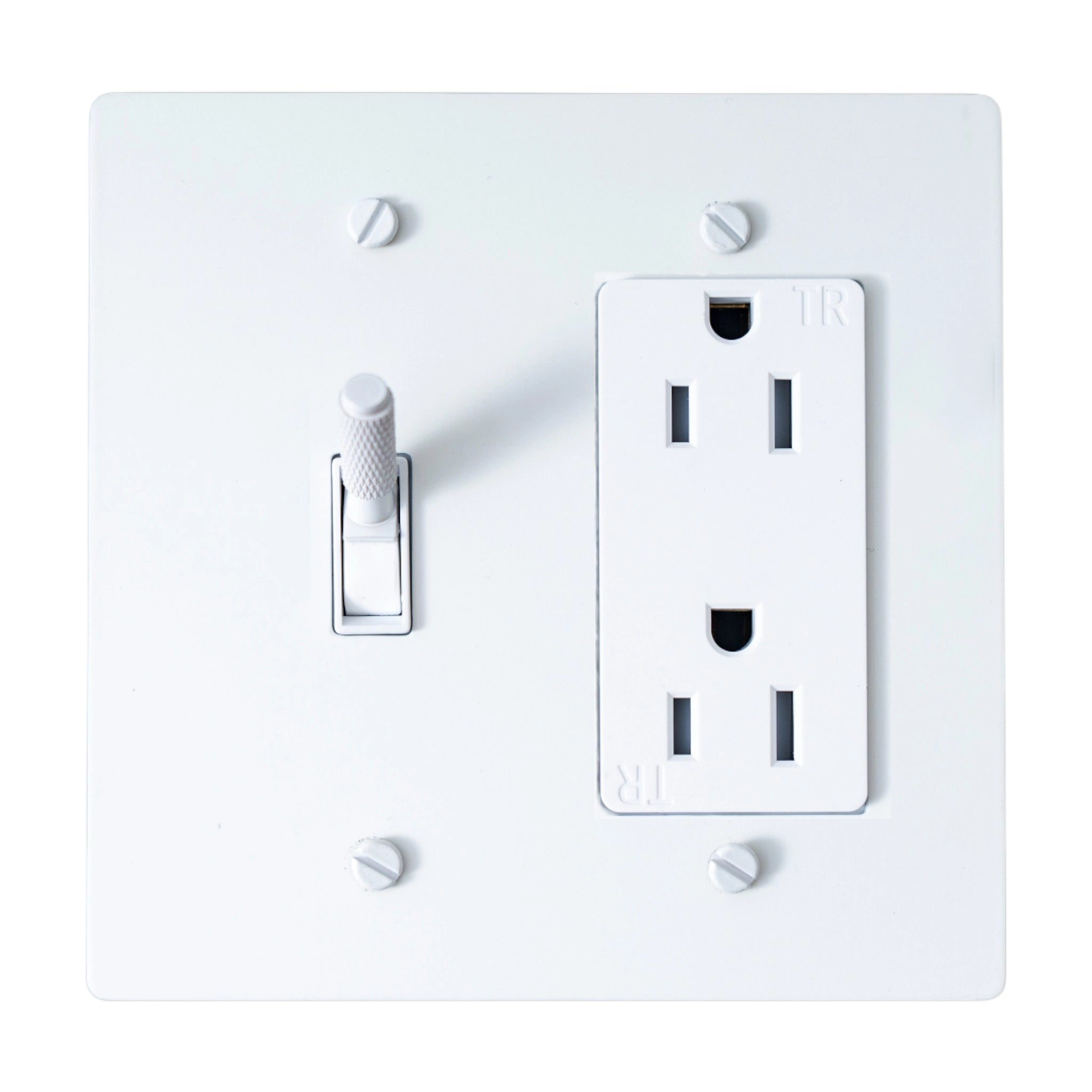 White electrical outlet and toggle combo with cover plate on a white background