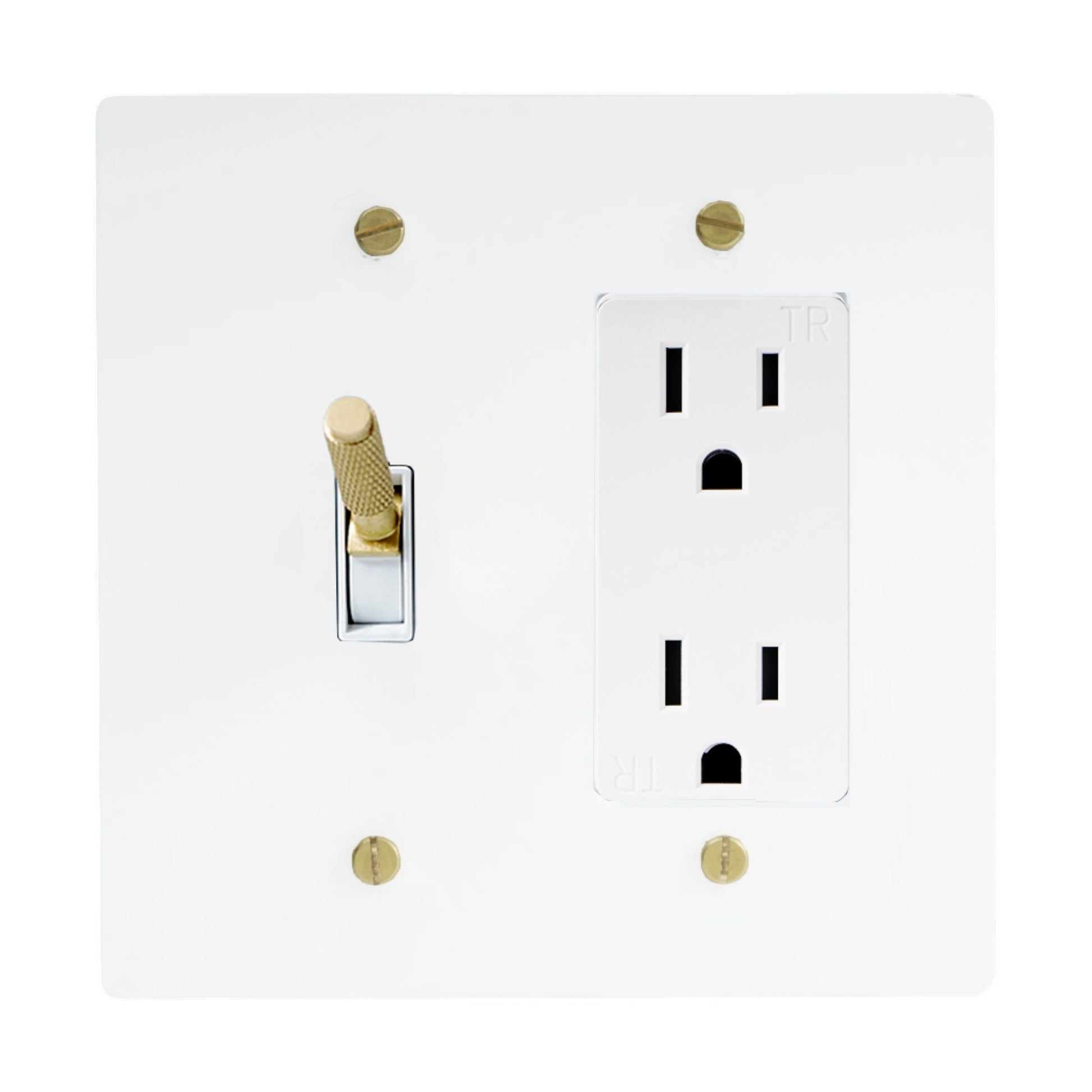 White light switch and outlet cover with gold screws on a white background