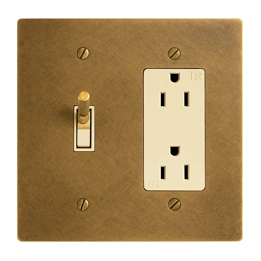 Brass light switch and outlet cover plate on a white background