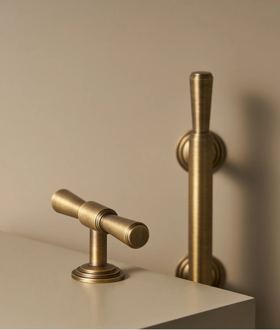 Two vintage brushed bronze cabinet handles on a beige background.