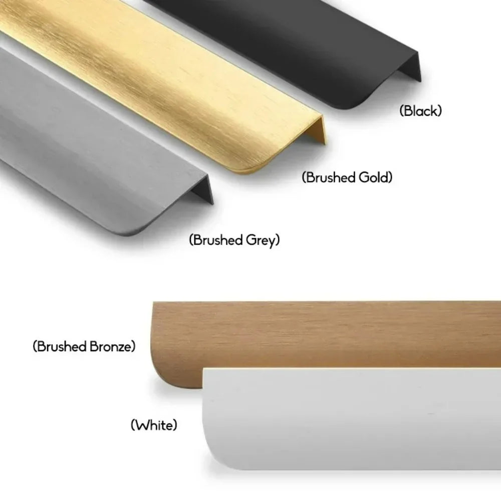 Various edge pulls including black, brushed gold, brushed grey, brushed bronze, and white on a white background.