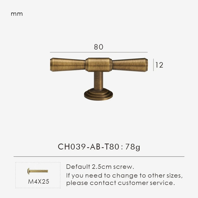 Measurement chart with vintage brushed bronze T-Bar 80 mm long and dimensions on a white background.