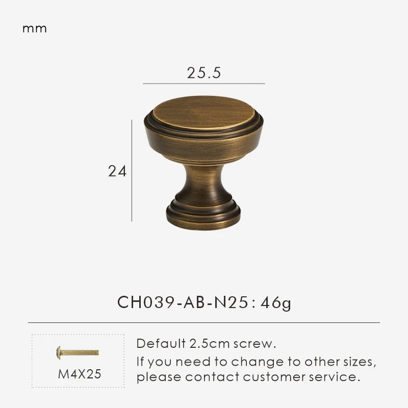 Measurement chart with vintage brushed bronze knob 25.5 mm long and dimensions on a white background.