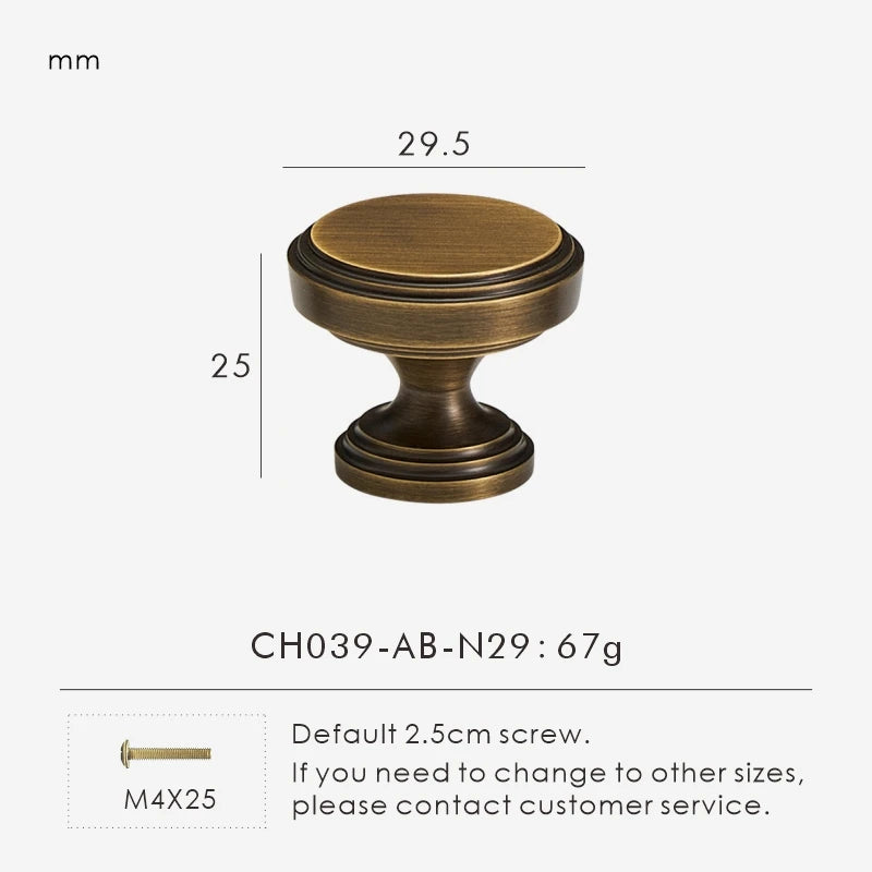Measurement chart with vintage brushed bronze knob 29.5 mm long and dimensions on a white background.