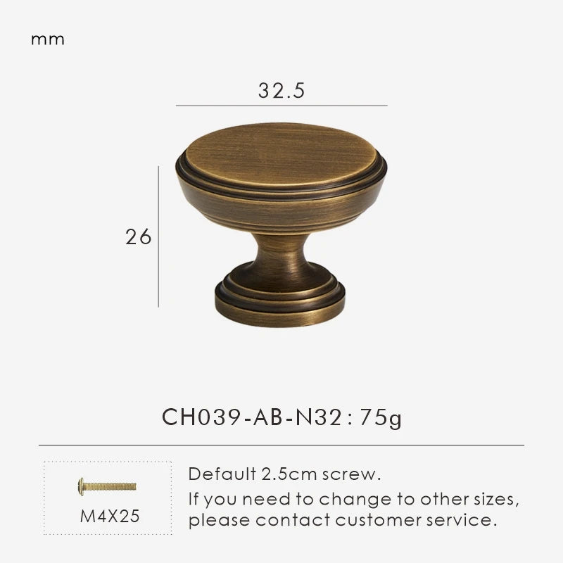 Measurement chart with vintage brushed bronze knob 32.5 mm long and dimensions on a white background.