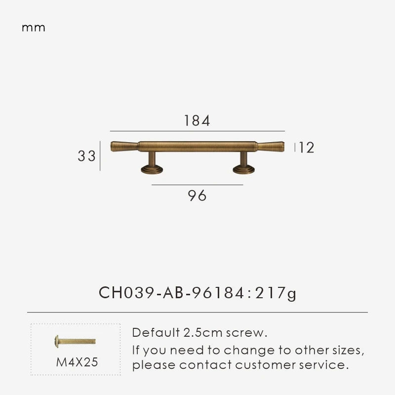 Measurement chart with vintage brushed bronze pull 184 mm long and dimensions on a white background.