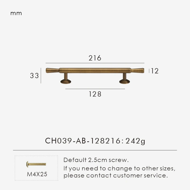 Measurement chart with vintage brushed bronze pull 216 mm long and dimensions on a white background.