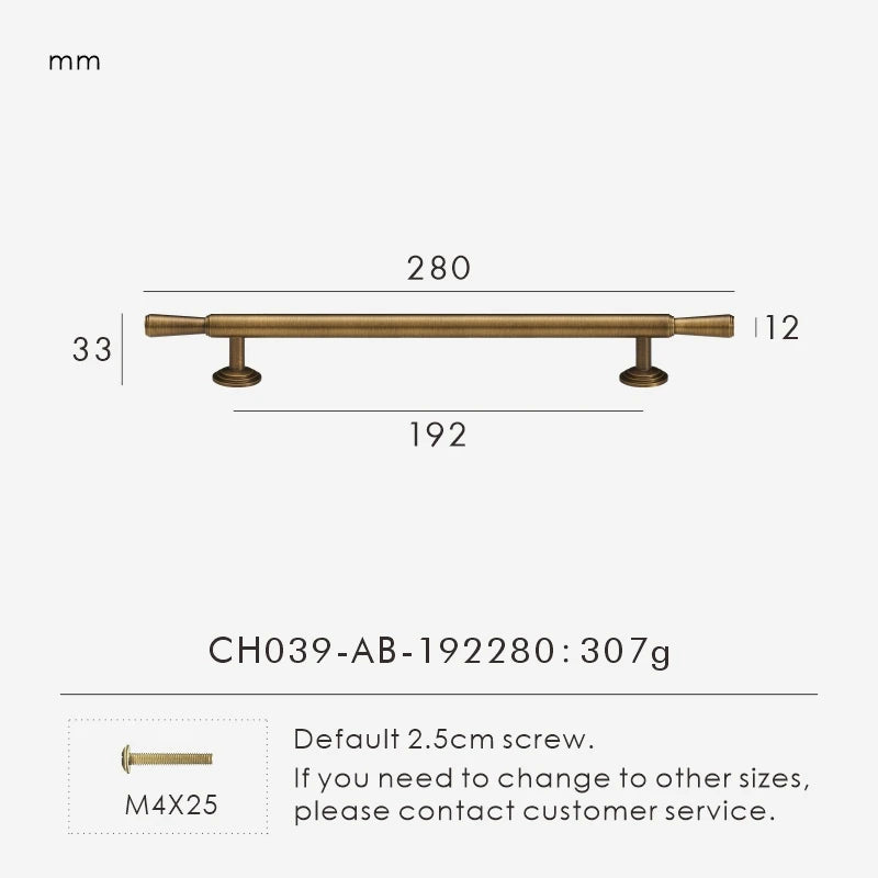 Measurement chart with vintage brushed bronze pull 280 mm long and dimensions on a white background.