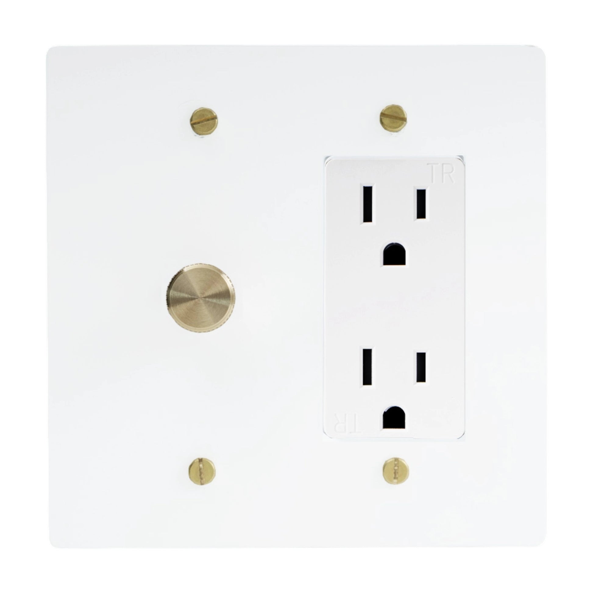 White wall outlet combo with rotady dimmer light switch and gold screws on a white background