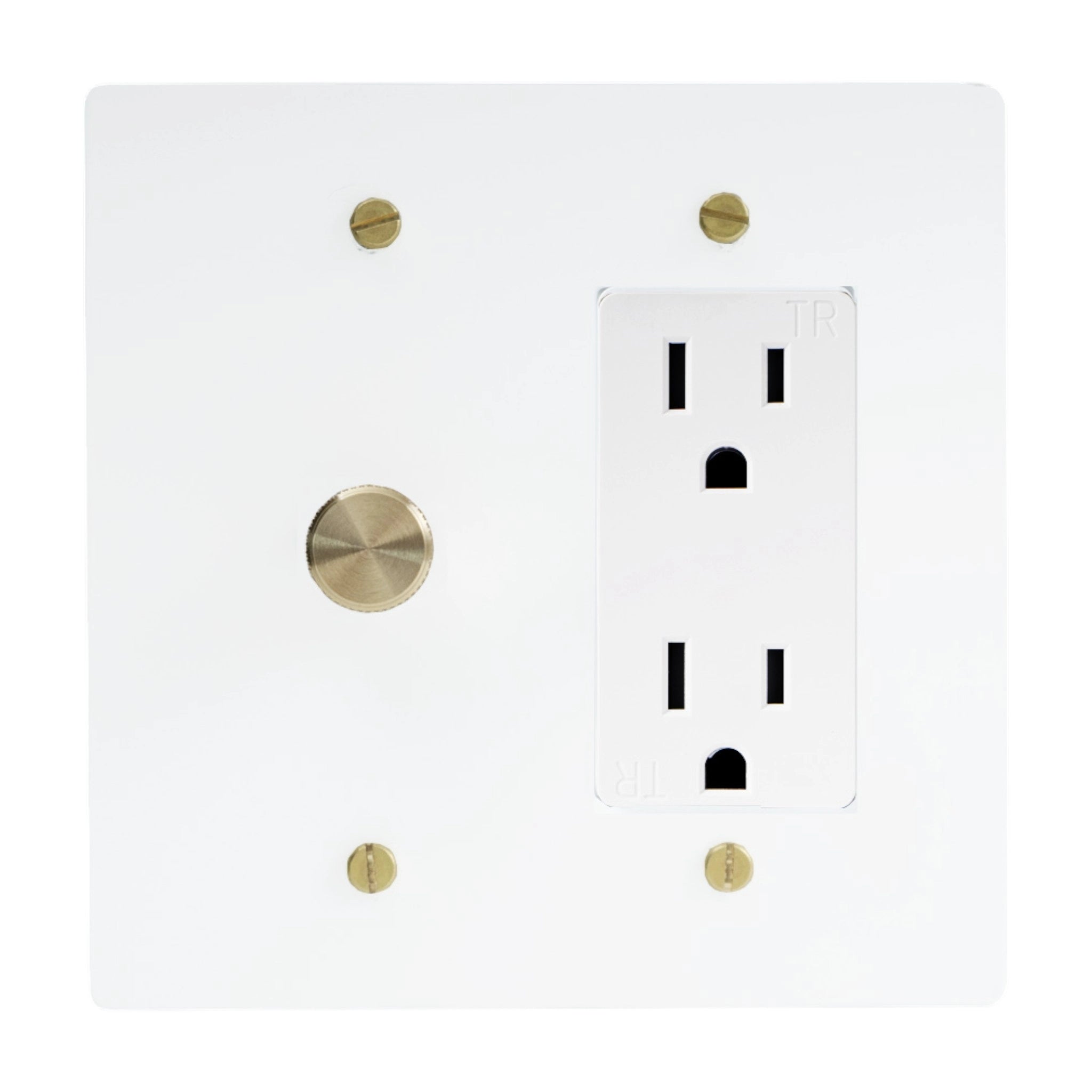 White wall outlet combo with rotady dimmer light switch and gold screws on a white background