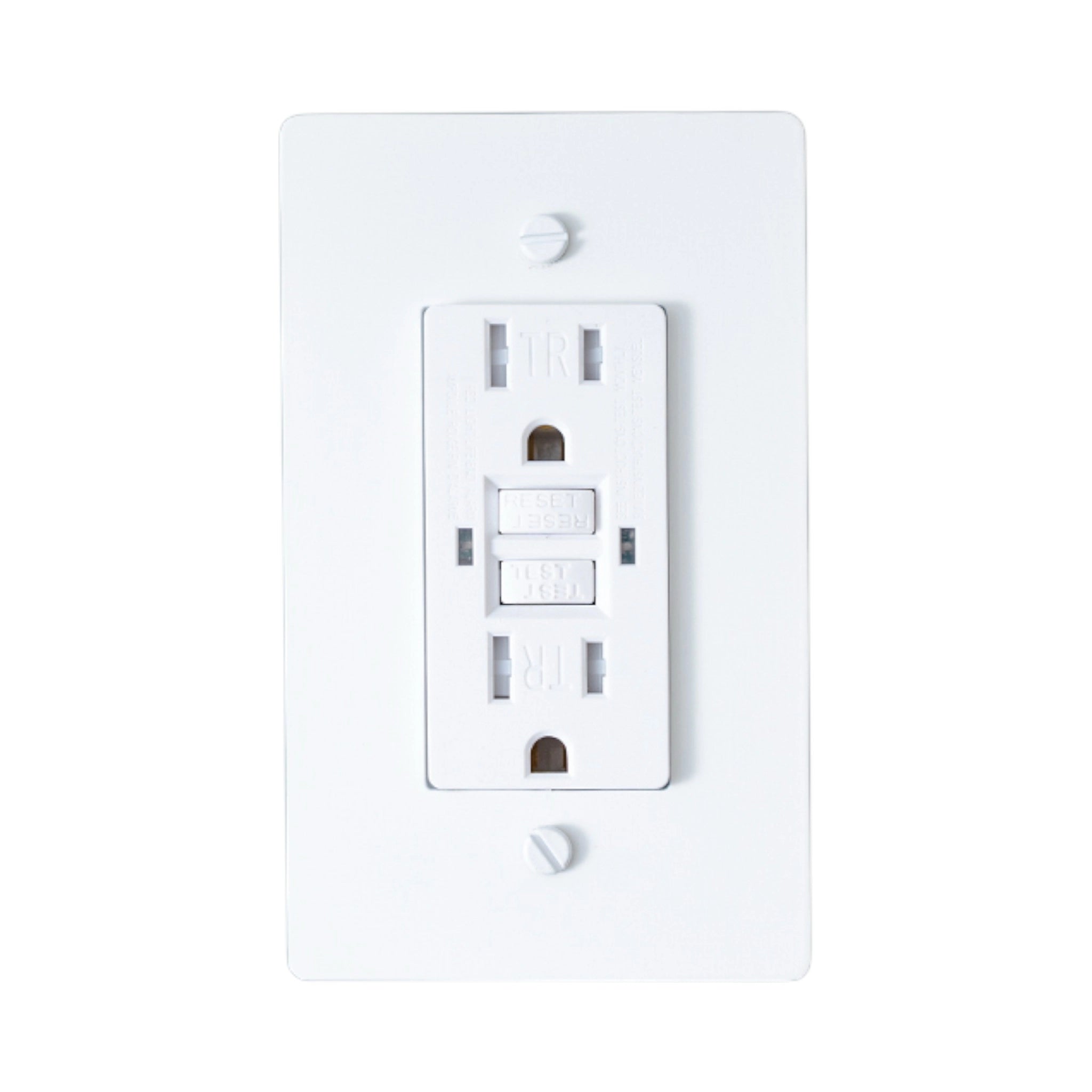 White GFCI electrical outlet cover on a white background