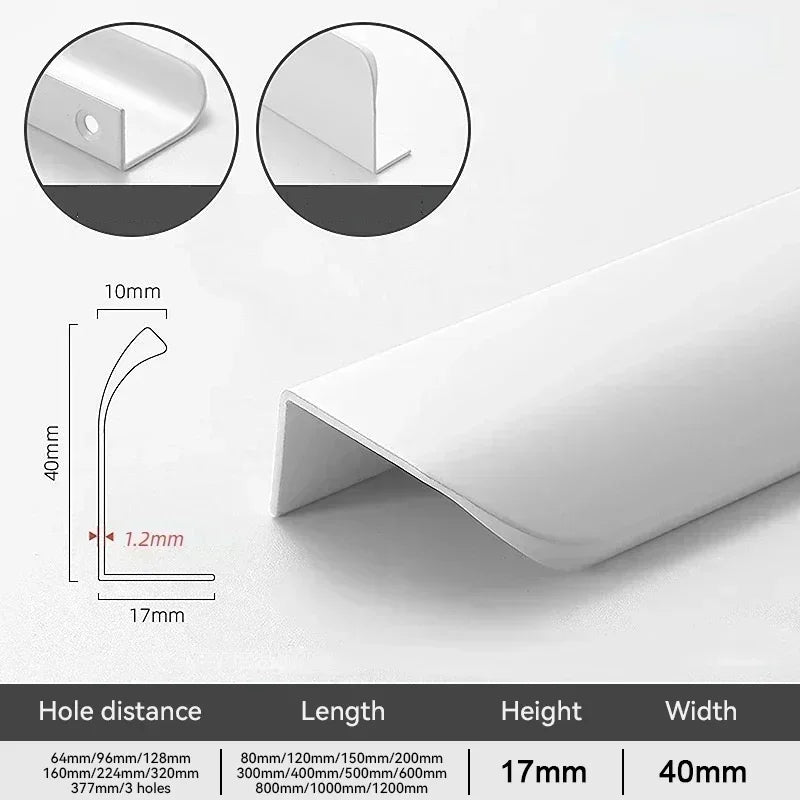 White hidden edge pull profile with dimensions and hole distance details on a white background.