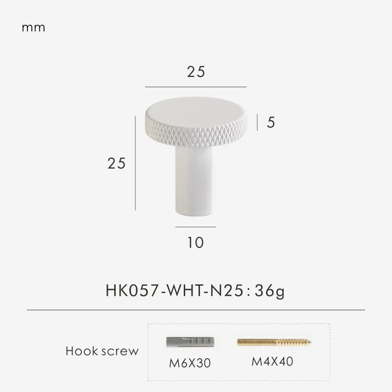 White matte antique knob 25 mm with measurements and product details on a white background.