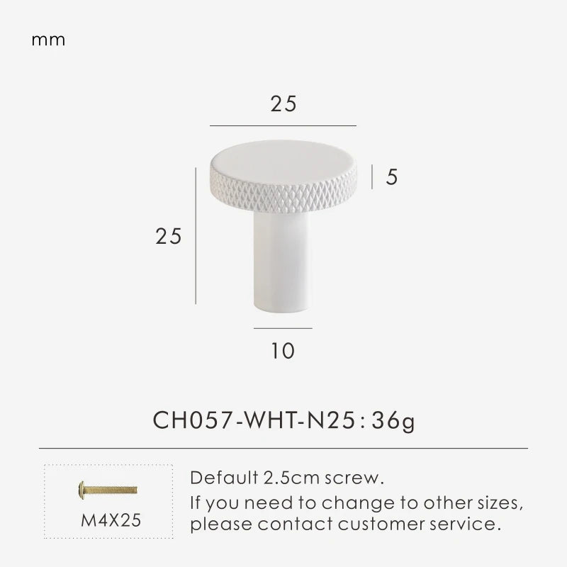 White matte antique knob 25mm with measurements and product details on a white background.