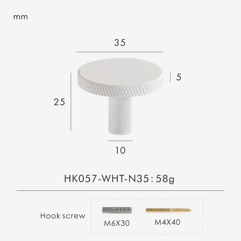 White matte antique knob 35 mm with measurements and product details on a white background.