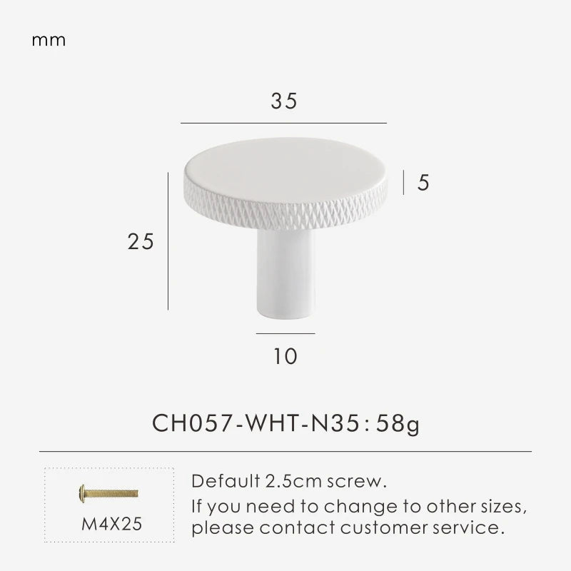 White matte antique knob 35mm with measurements and product details on a white background.