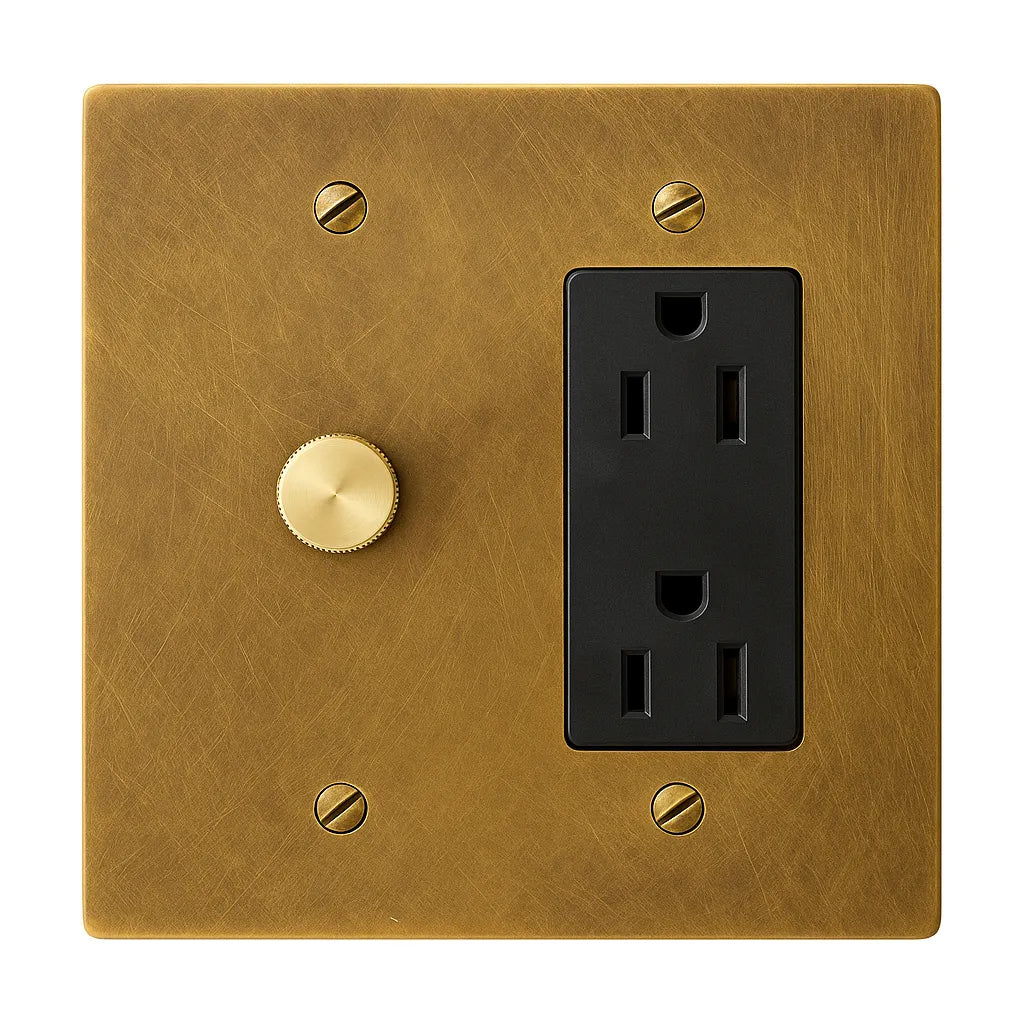 Brass wall plate with black electrical outlet and rotary dimmer on a white background