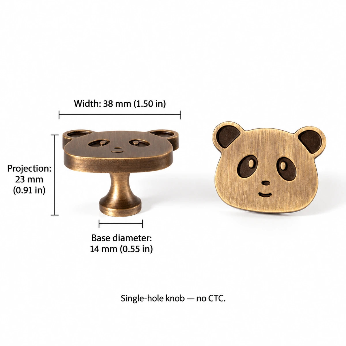 Panda face knob dimensions: 1.50 inch (38 mm) width, 0.91 inch (23 mm) projection