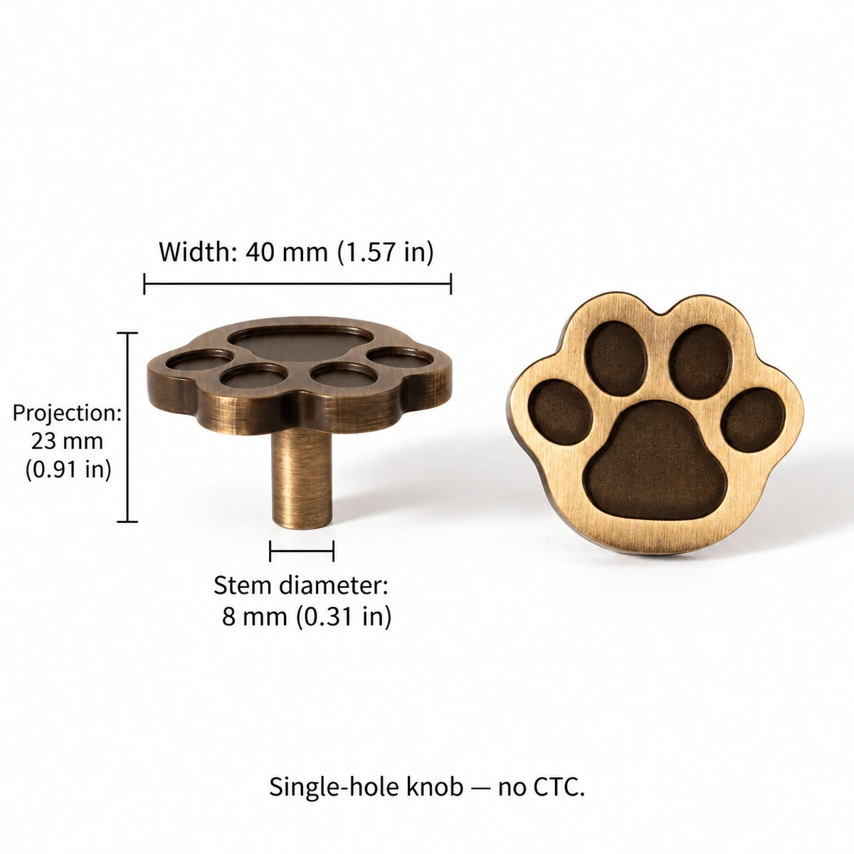 Paw print knob dimensions: 1.57 inch (40 mm) width, 0.91 inch (23 mm) projection