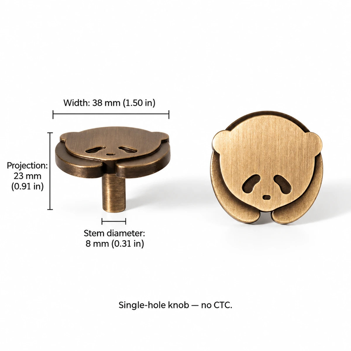 Resting panda knob dimensions: 1.50 inch (38 mm) width, 0.91 inch (23 mm) projection