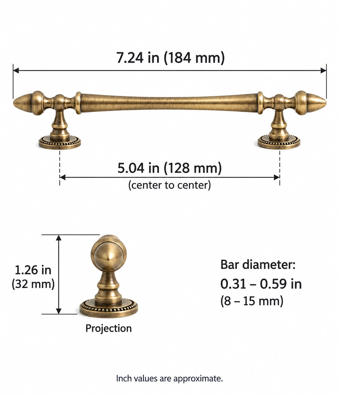 Antique brass acorn finial pull dimensions: 5.04 in (128 mm) CTC and 7.24 in (184 mm) overall length