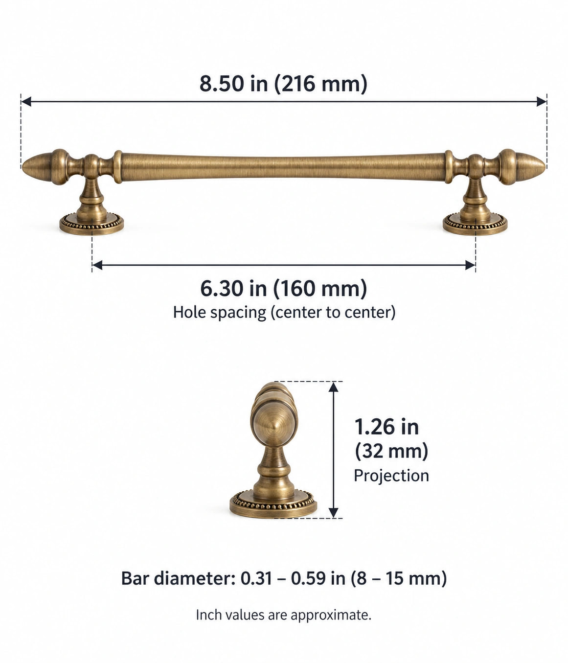 Antique brass acorn finial pull dimensions: 6.30 in (160 mm) CTC and 8.50 in (216 mm) overall length