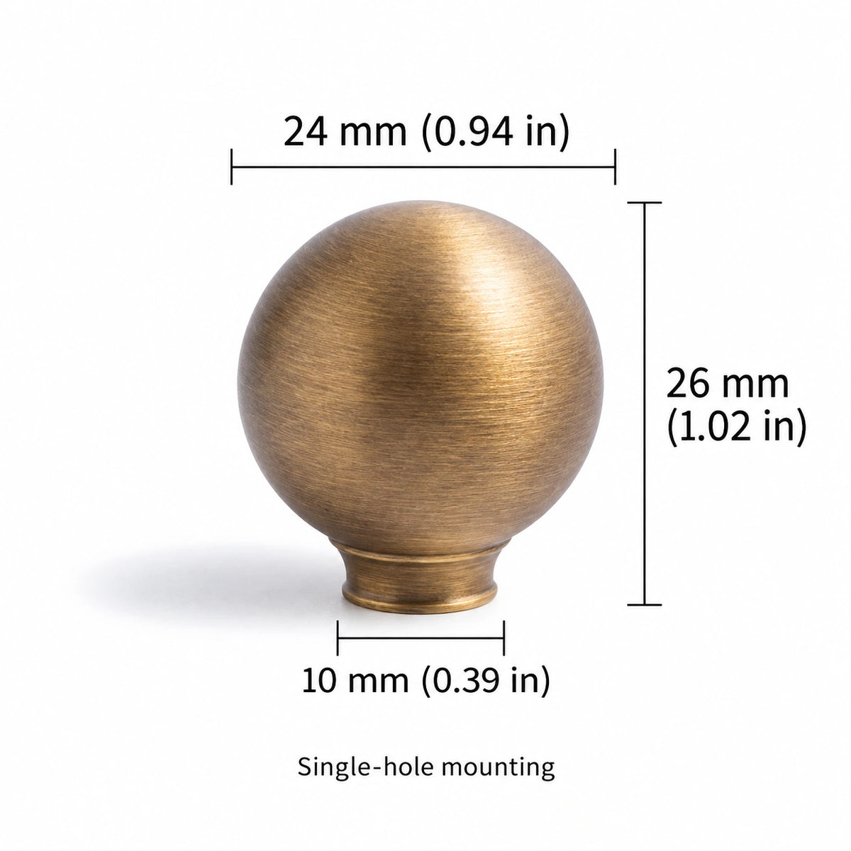 Antique brass ball cabinet knob style A measurements in millimeters and inches