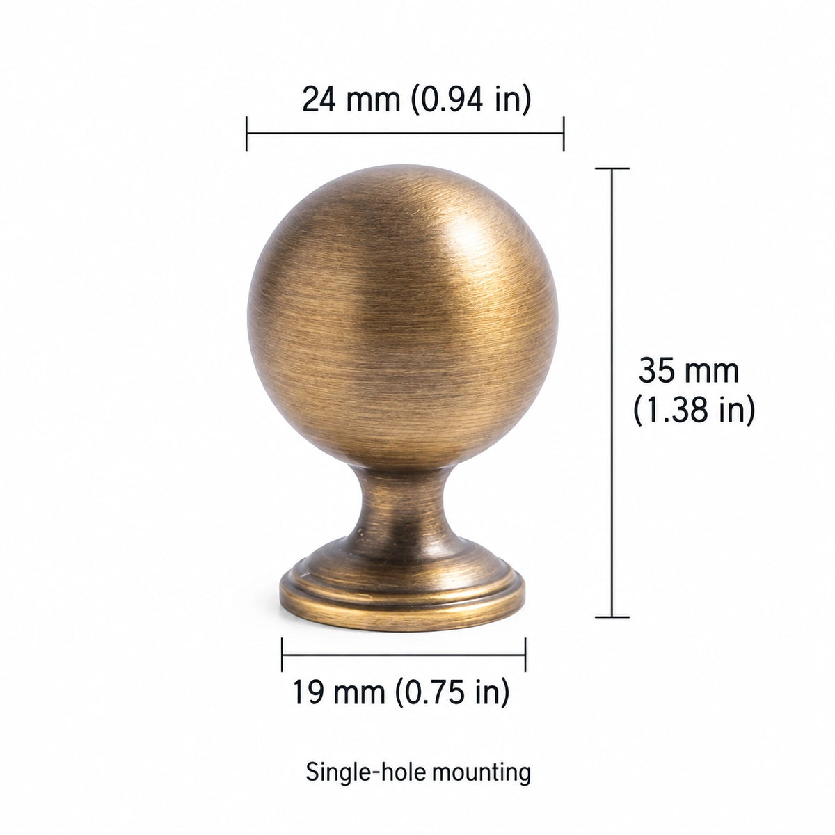 Antique brass ball cabinet knob style B measurements in millimeters and inches