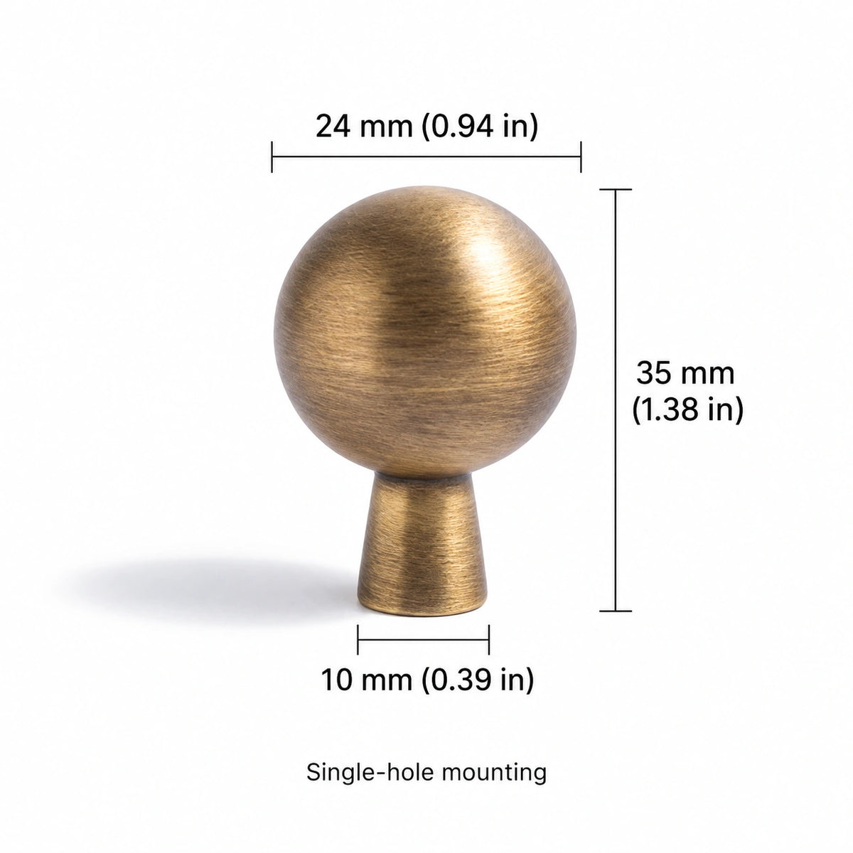 Antique brass ball cabinet knob style C measurements in millimeters and inches