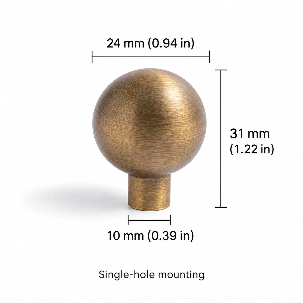 Antique brass ball cabinet knob style D measurements in millimeters and inches