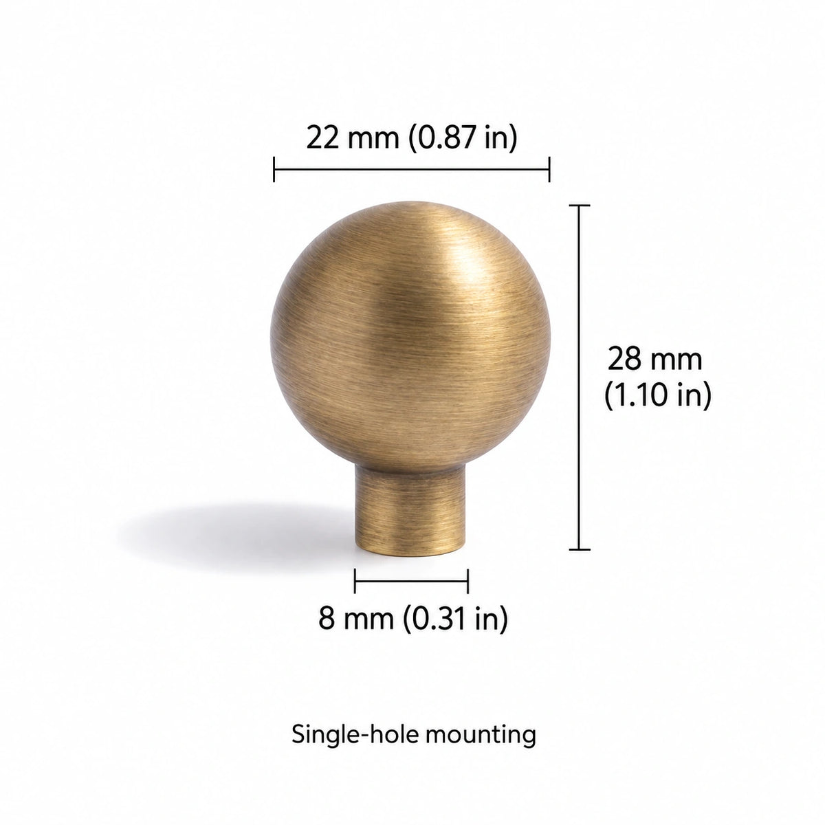 Antique brass ball cabinet knob style E measurements in millimeters and inches